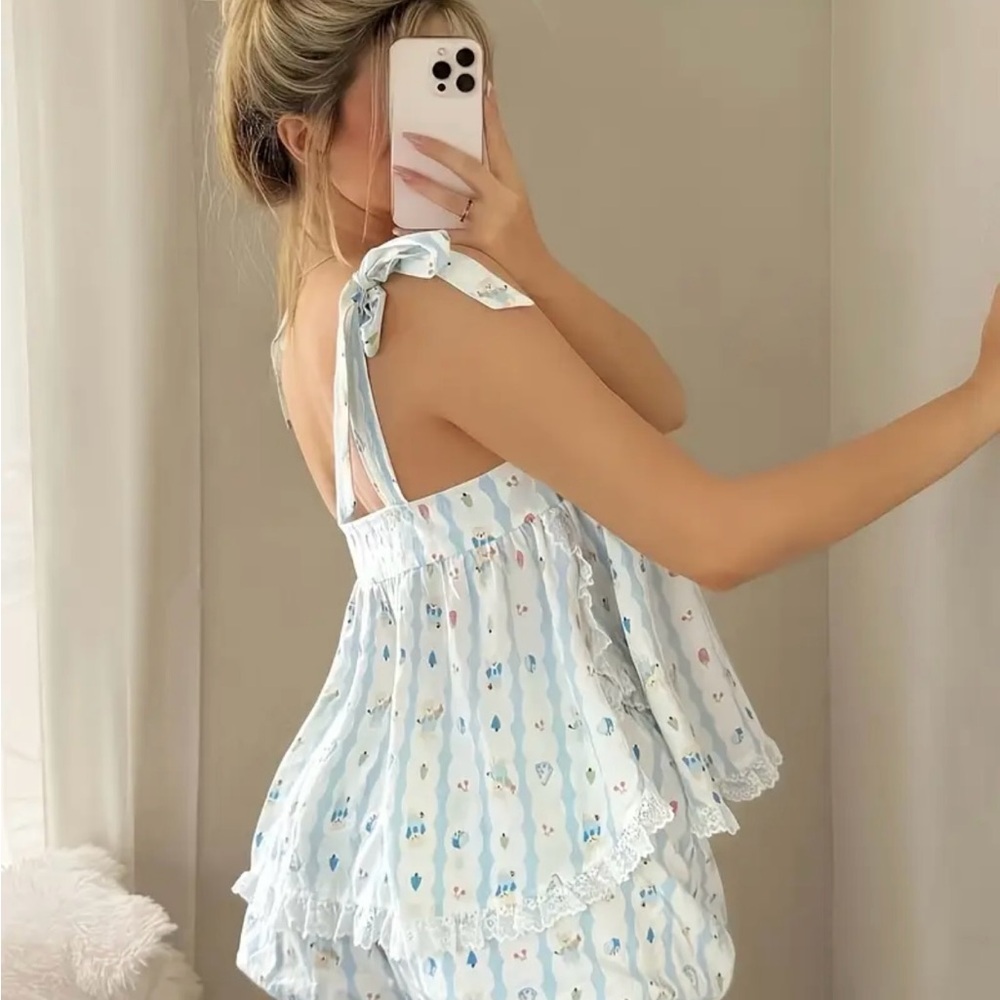 Women's Blue and White Two Piece Baby Doll Sleepwear Set Size Medium - Picture 4 of 5